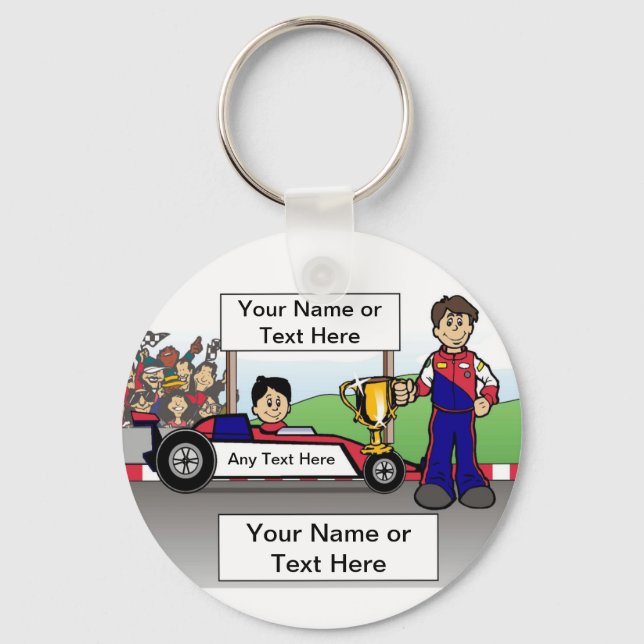 Personalized Race Car, Youth Driver - Male Cartoon Keychain (Front)