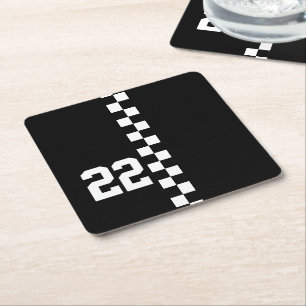 Personalized Racing Flag Black And White Square Paper Coaster