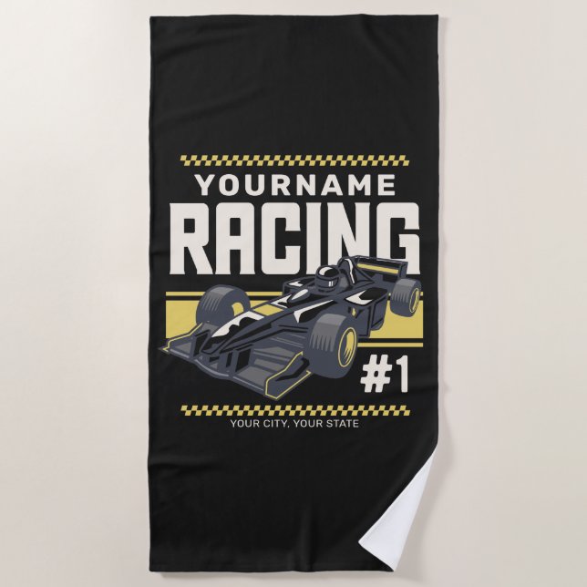 Personalized Racing Team Fast Race Car Driver  Beach Towel (Front)