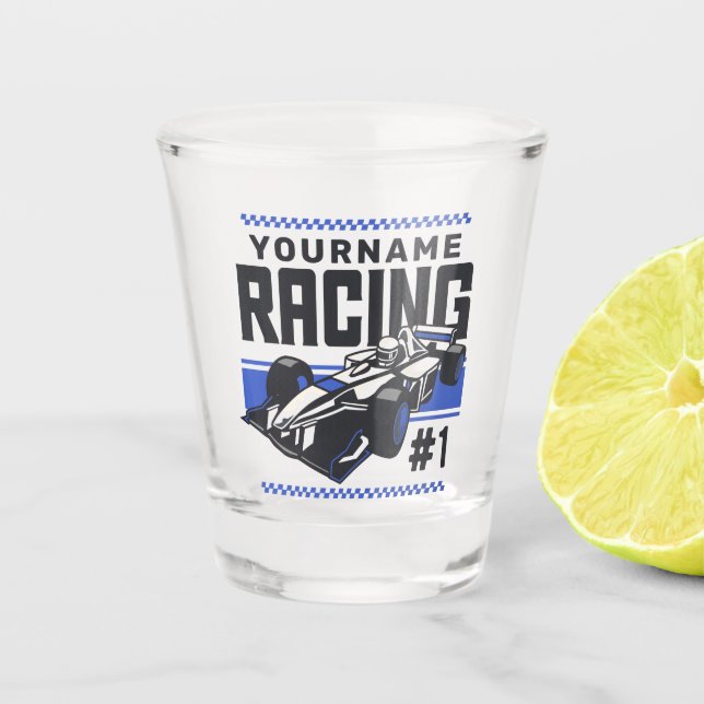 Personalized Racing Team Fast Race Car Driver  Shot Glass (Front)