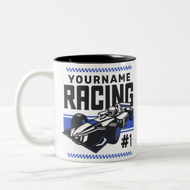 Personalized Racing Team Fast Race Car Driver  Two-Tone Coffee Mug (Left)