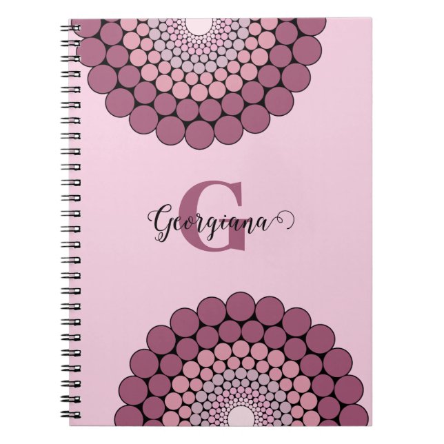 Personalized Radiant Dusky Rose Floral Dot Mandala Notebook (Front)