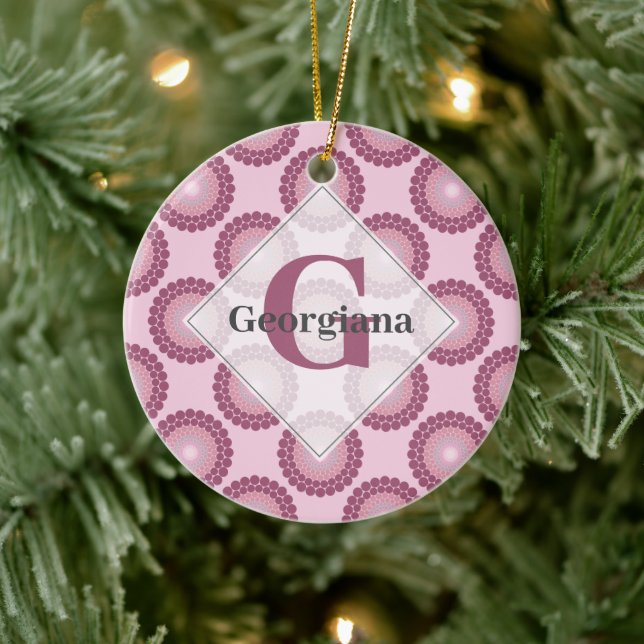 Personalized Radiant Dusky Rose Polka Dot Mandala Ceramic Ornament (Tree)