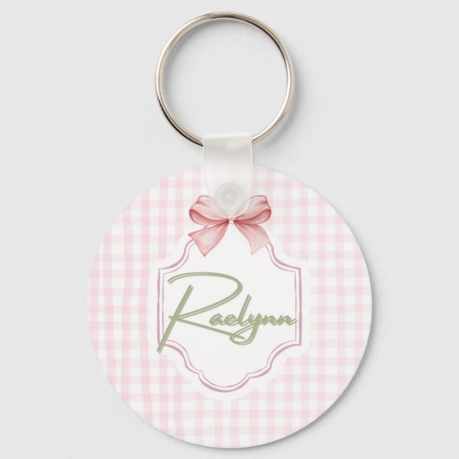 Personalized Raelynn Baby Girl Nursery Bow&Gingham Keychain (Front)