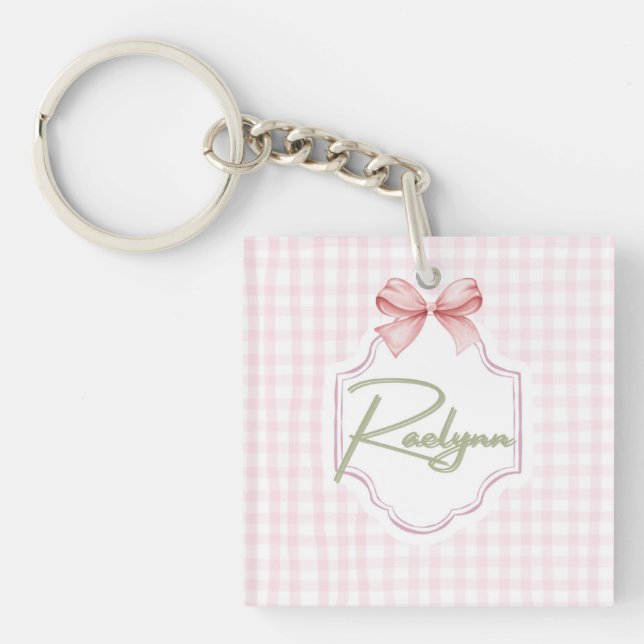 Personalized Raelynn Baby Girl Nursery Bow&Gingham Keychain (Front)