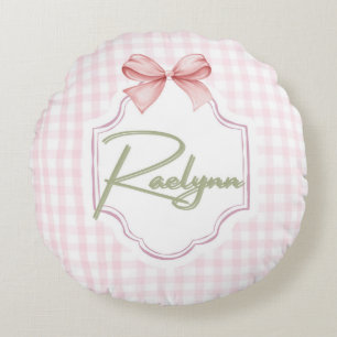 Personalized Raelynn Baby Girl Nursery Bow&Gingham Round Pillow
