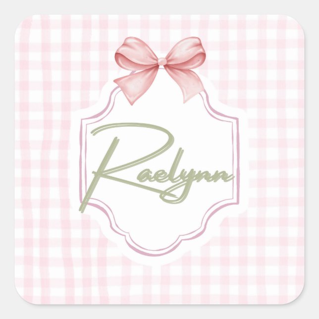 Personalized Raelynn Baby Girl Nursery Bow&Gingham Square Sticker (Front)