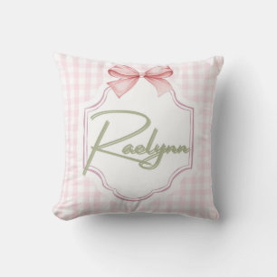 Personalized Raelynn Baby Girl Nursery Bow&Gingham Throw Pillow