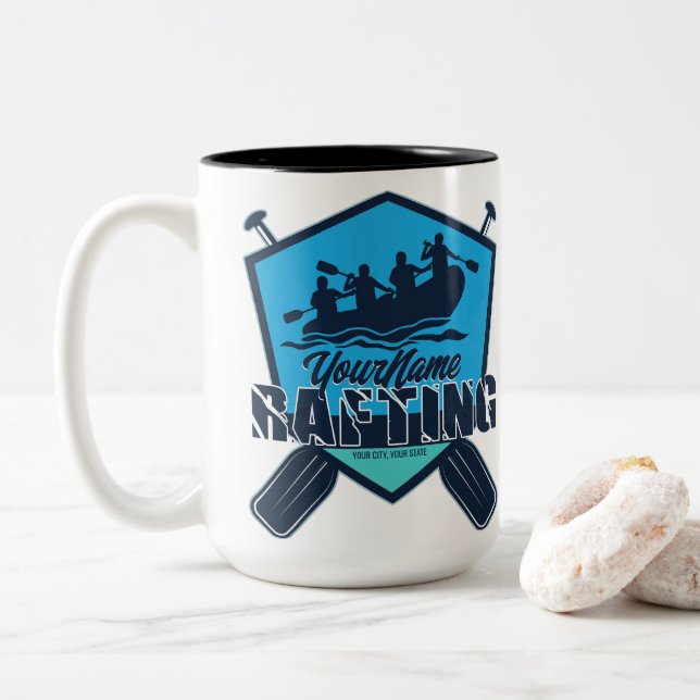 Personalized Rafting Whitewater River Adventure Two-Tone Coffee Mug (With Donut)
