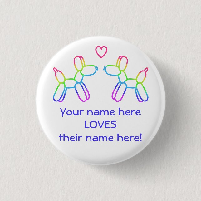 Personalized Rainbow Balloon Dogs in Love Button (Front)