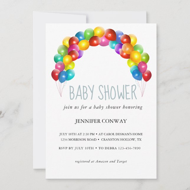 Personalized Rainbow Balloons Baby Shower Invitation (Front)