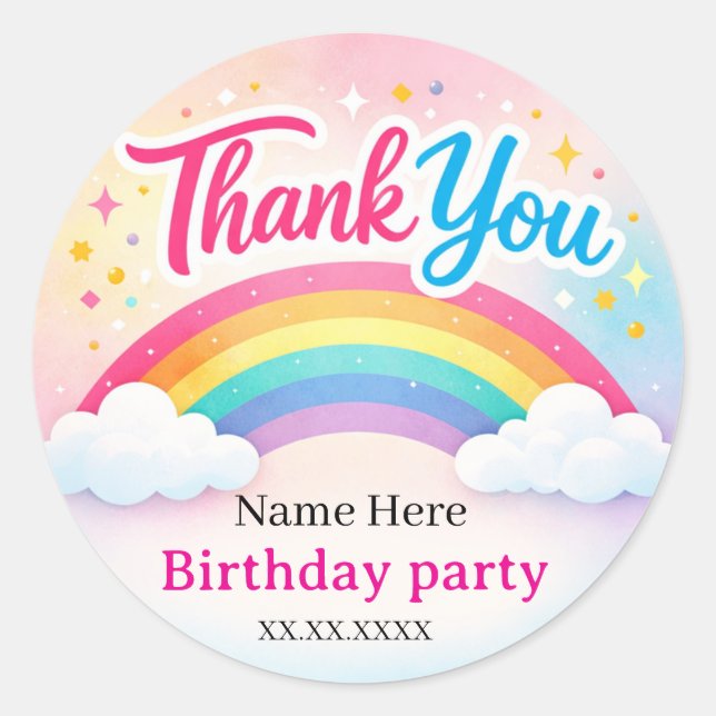 Personalized Rainbow Birthday Thank You Stickers (Front)