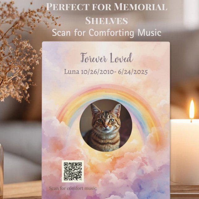 Personalized Rainbow Bridge Musical Memorial Plaque (Custom rainbow bridge pet memorial desk plaque with photo & scannable Spotify grief playlist.)