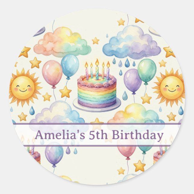 Personalized Rainbow Cloud Birthday  Classic Round Sticker (Front)