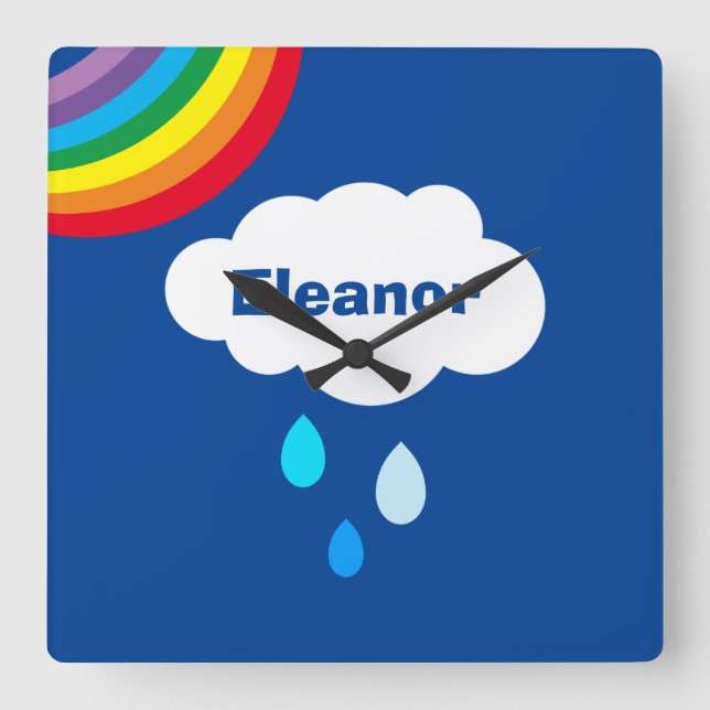 Personalized Rainbow, Clouds and Rain Square Wall Clock (Front)