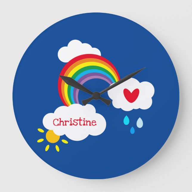 Personalized Rainbow, Clouds and Rain Square Wall Large Clock (Front)