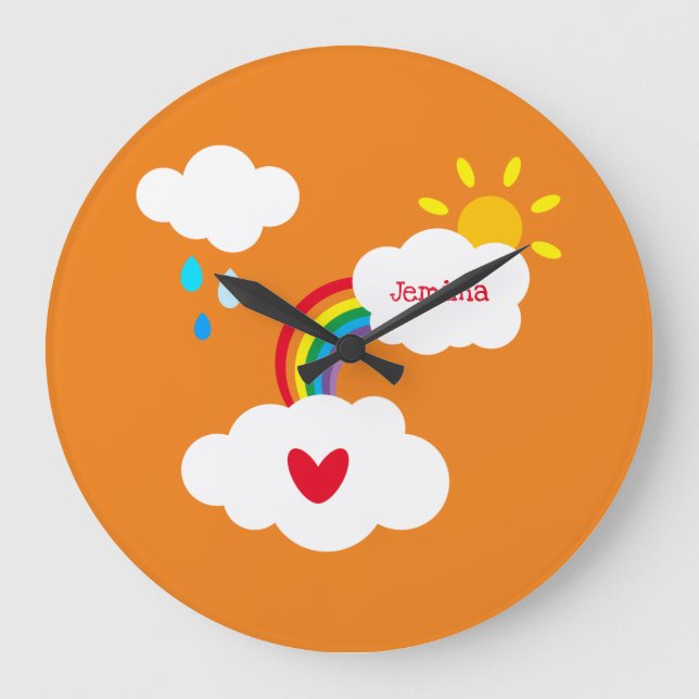 Personalized Rainbow, Clouds and Rain Square Wall Large Clock (Front)