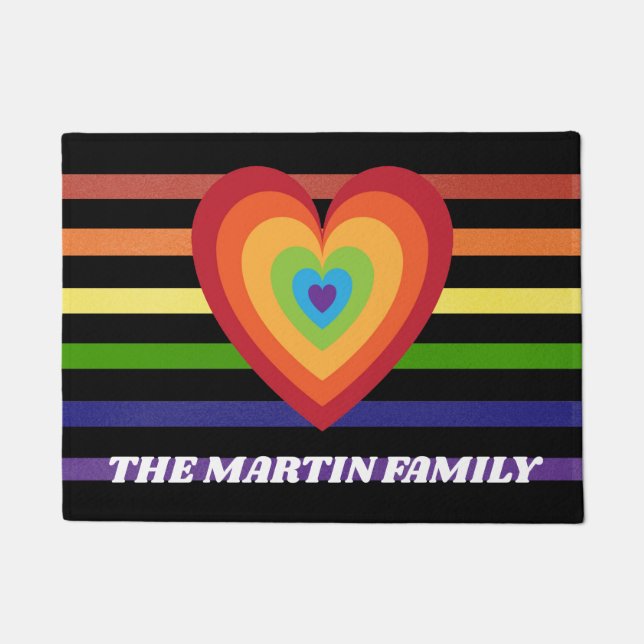 Personalized Rainbow Colour Stripes Heart Doormat (Front)