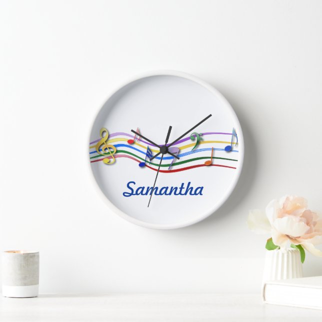 Personalized Rainbow Coloured Music Notes Wall Clock (Home)