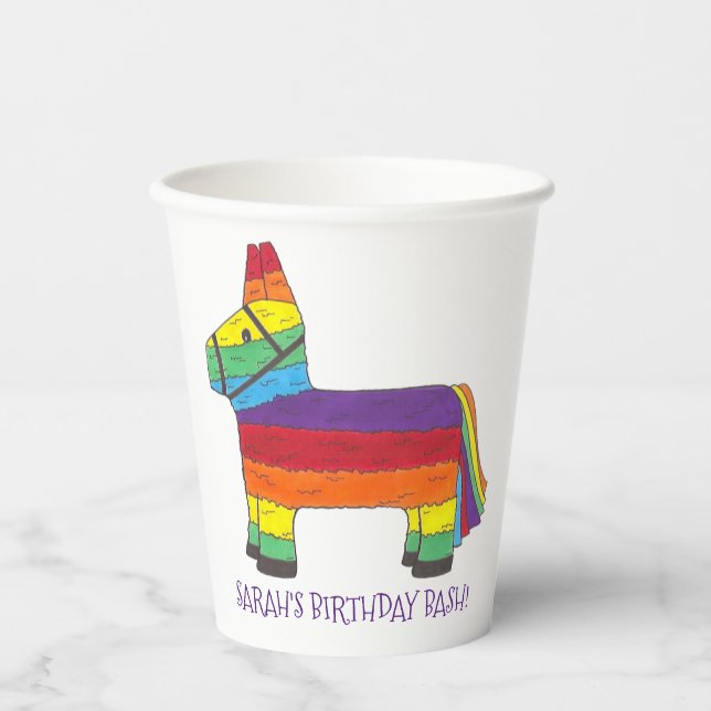 Personalized Rainbow Donkey Piñata Birthday Party Paper Cups (Front)