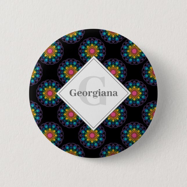 Personalized Rainbow Floral Polka Dot Mandala 2 Inch Round Button (Front)