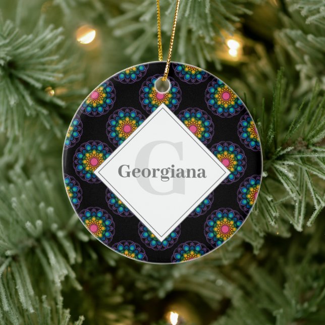 Personalized Rainbow Floral Polka Dot Mandala Ceramic Ornament (Tree)