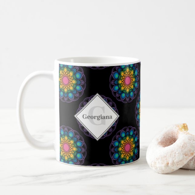 Personalized Rainbow Floral Polka Dot Mandala Coffee Mug (With Donut)
