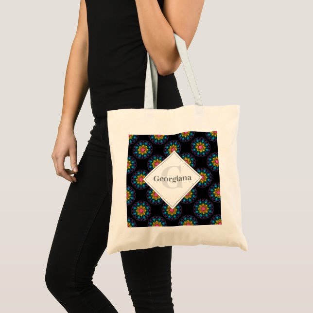 Personalized Rainbow Floral Polka Dot Mandala Tote Bag (Front (Product))