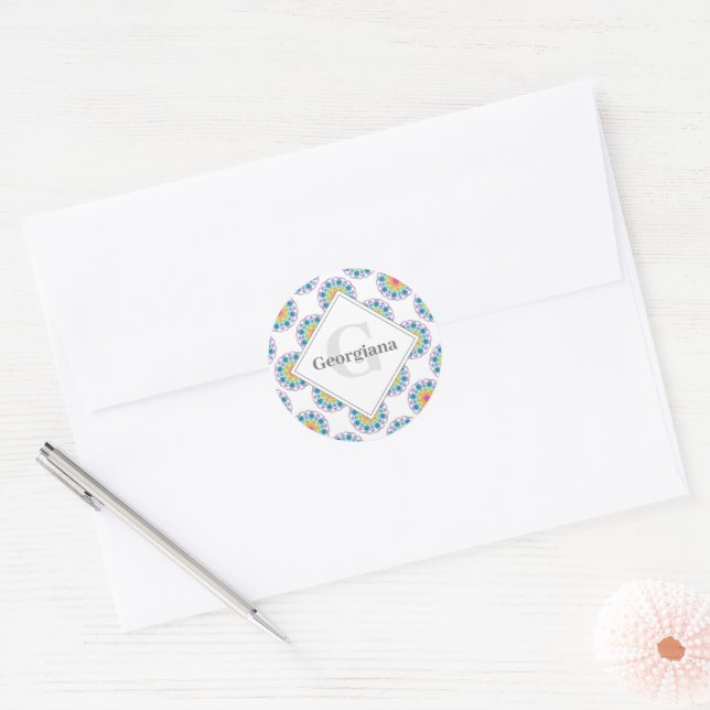 Personalized Rainbow Floral Polka Dots Mandala Classic Round Sticker (Envelope)