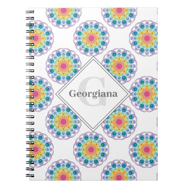 Personalized Rainbow Floral Polka Dots Mandala Notebook (Front)