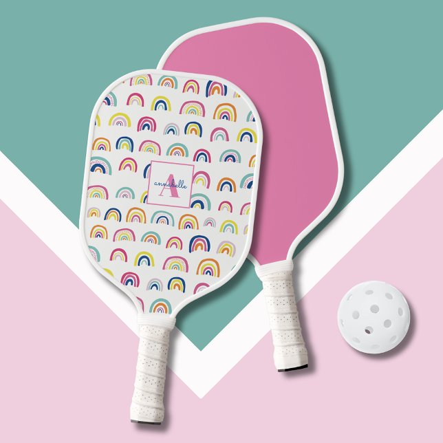 Personalized Rainbow Girls Pickleball Paddle (Rainbow girly personalized monogram Pickleball Paddle)