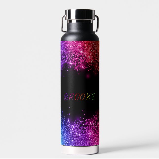 Personalized Rainbow Glitter Bordered Water Bottle (Front)