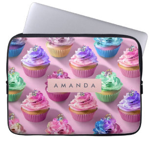 Personalized Rainbow Glitter Cupcakes on Pink Laptop Sleeve