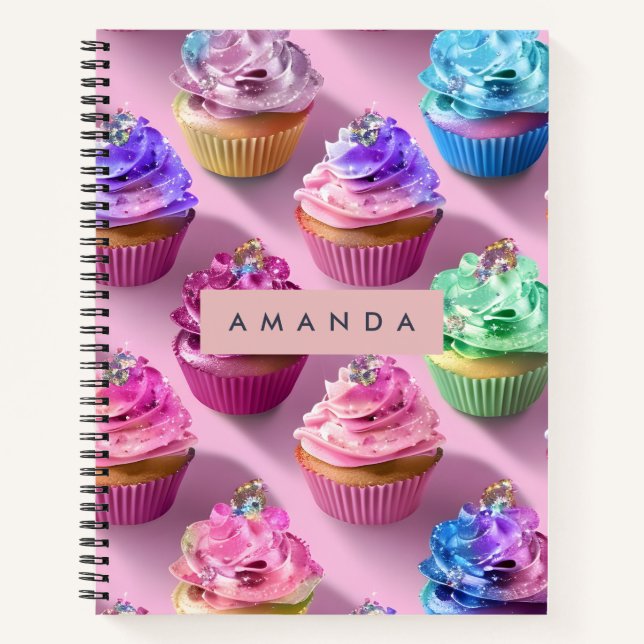 Personalized Rainbow Glitter Cupcakes on Pink Notebook (Front)