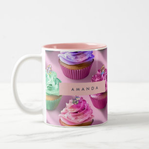 Personalized Rainbow Glitter Cupcakes on Pink Two-Tone Coffee Mug