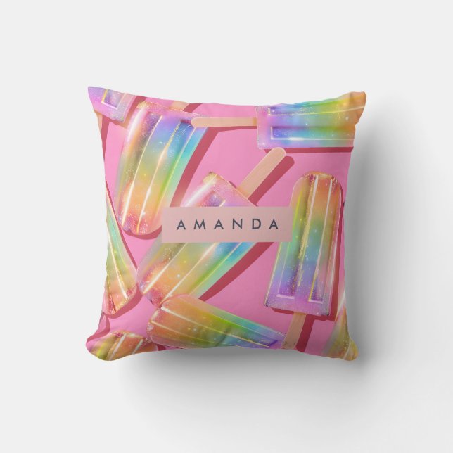 Personalized Rainbow Glitter Popsicle Dreamt Throw Pillow (Front)