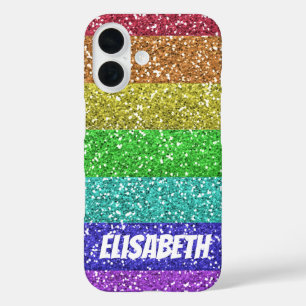 Personalized Rainbow Glitter Stripes iPhone 16 Case