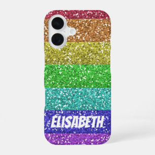 Personalized Rainbow Glitter Stripes iPhone 16 Case