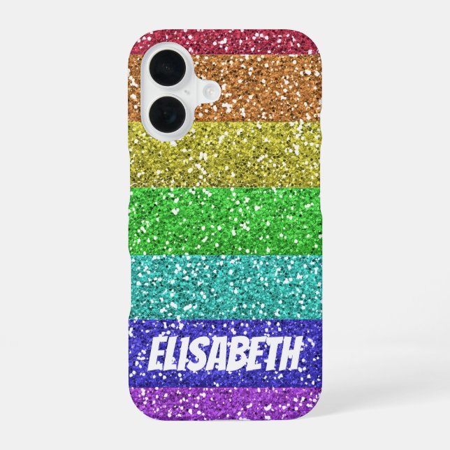Personalized Rainbow Glitter Stripes iPhone 16 Case (Back)