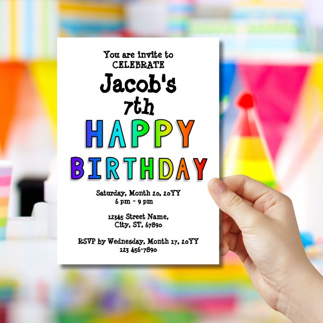 Personalized Rainbow Happy 7th Birthday Lettering Invitation (Creator Uploaded)