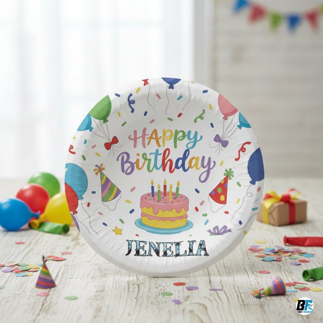 Personalized Rainbow Happy Birthday Cake Balloons Paper Plate (Creator Uploaded)