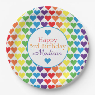 Personalized Rainbow Hearts Birthday Paper Plate