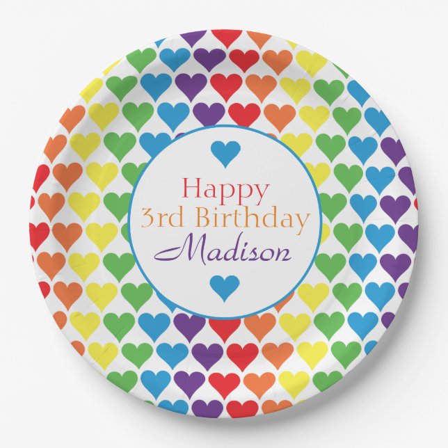 Personalized Rainbow Hearts Birthday Paper Plate (Front)
