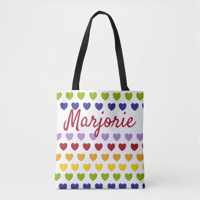 Personalized Rainbow Hearts Stripes Pattern Tote Bag (Front)