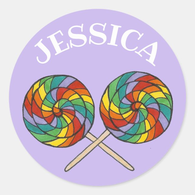 Personalized Rainbow Lollipop Lolly Candy Purple Classic Round Sticker (Front)