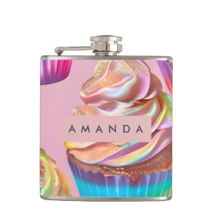 Personalized Rainbow Pastel Cupcake with Glitter Hip Flask