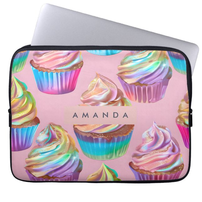 Personalized Rainbow Pastel Cupcake with Glitter Laptop Sleeve (Front)