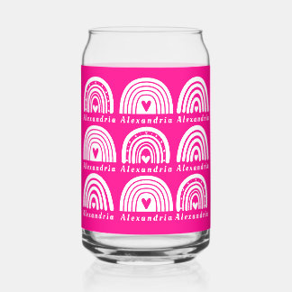 Personalized Rainbow Pattern Hot Pink Coffee Can Glass