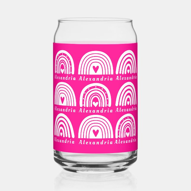 Personalized Rainbow Pattern Hot Pink Coffee Can Glass (Front)