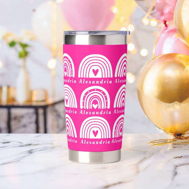 Personalized Rainbow Pattern Hot Pink Insulated Tumbler (Bachelor Party)
